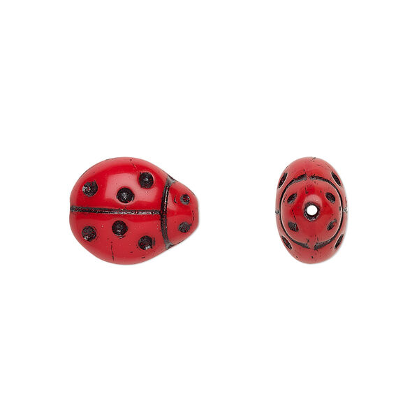 Bead, Czech pressed glass, opaque red and black, 13x11mm ladybug. Sold per 15-1/2" to 16" strand, approximately 30 beads. image number 0