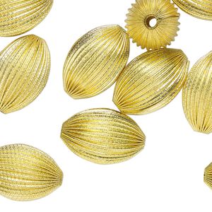 Bead, brass, 29x19mm-30x20mm corrugated oval with 3mm hole. Sold per pkg of 12.