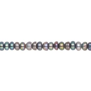 Pearl, cultured freshwater (dyed), peacock, 4x3mm-5.5x3.5mm button, B- grade, Mohs hardness 2-1/2 to 4. Sold per 15-1/2" to 16" strand.