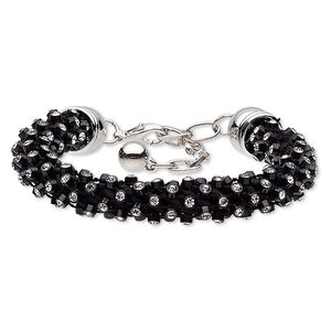 Bracelet, glass rhinestone / acrylic / nylon / silver-coated plastic / silver-finished steel, black and clear, 12mm wide, 7 inches with 2-1/2 inch extender chain and lobster claw clasp. Sold individually.