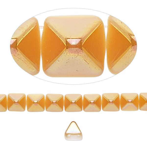 Spacer, Preciosa, Czech pressed glass, opaque alabaster and amber yellow, 6x6x7mm 2-strand pyramid, fits up to 3mm bead. Sold per 8-inch strand, approximately 30 spacers. image number 0