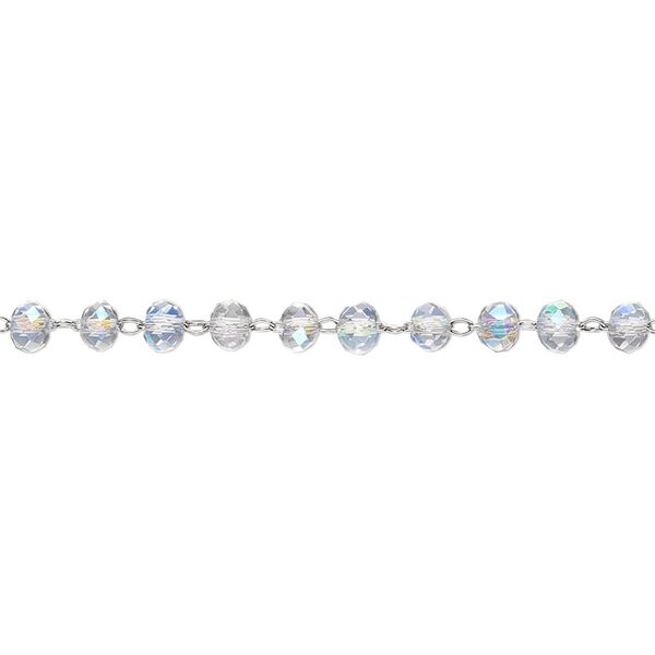 Chain, glass and stainless steel, clear AB, 3.5mm faceted rondelle. Sold per pkg of 1 yard. image number 0