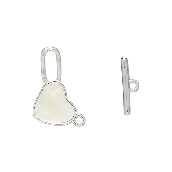 Clasp toggle 1pkg2 brass / mother-of-pearl shell, 21x11mm heart, bleached silver finish / white image number 0