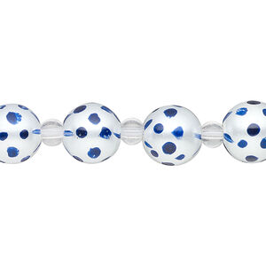 Bead, glass 1pkg8, opaque dark blue and white, 10mm hand-painted round.