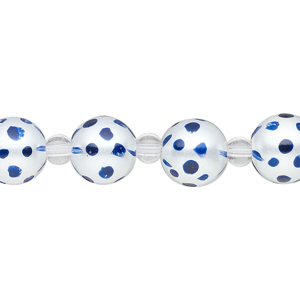 Bead, glass 1pkg8, opaque dark blue and white, 10mm hand-painted round. image number 0