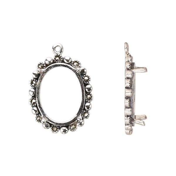 Drop, marcasite (natural) and sterling silver, 20x16mm oval with 16x12mm 4-prong oval setting. Sold individually. image number 0