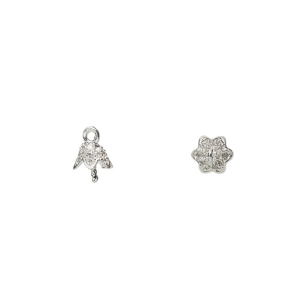 Cup, silver-finished brass and glass rhinestone, clear, 6mm flower cup with 3mm peg, fits 6-8mm bead. Sold individually. image number 0