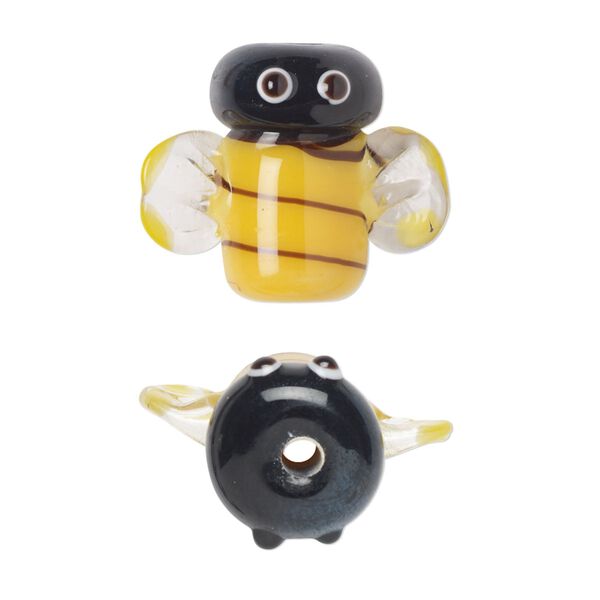 Bead, lampworked glass, opaque and transparent multicolored, 22x19mm bee. Sold per pkg of 2. image number 0