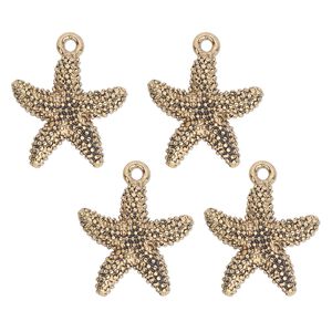 Charm, antique brass-finished "pewter" (zinc-based alloy) , 19mm single-sided starfish. Sold per pkg of 4.