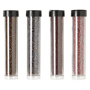 Seed bead assortment, Ming Tree™, glass, pkg/(4) 4 x 3/4 inch vials, #11 round, opaque and transparent silver-lined luster brown.