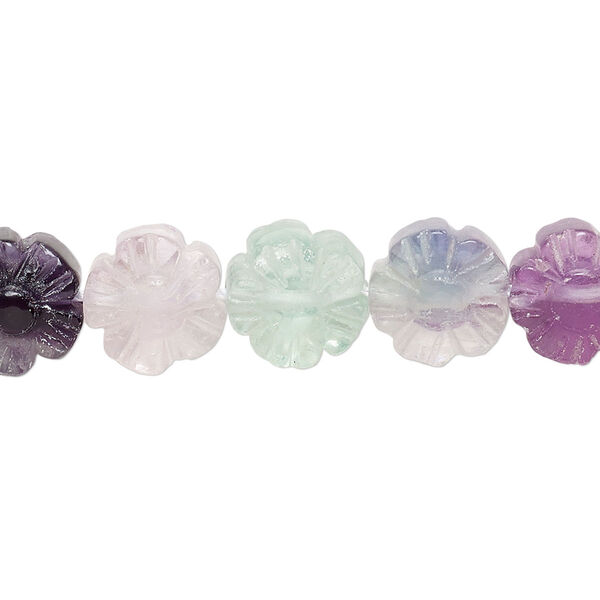 Bead, rainbow fluorite (natural), 10x10mm carved flower, A grade, Mohs hardness 4. Sold per 15-1/2" to 16" strand. image number 0