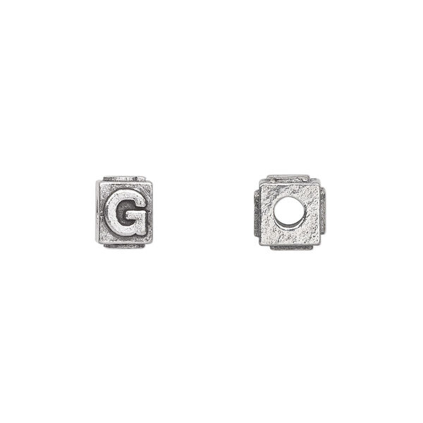 Bead, antiqued pewter (tin-based alloy), 8x6mm rectangle with alphabet letter "G". Sold per pkg of 4. image number 0