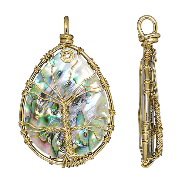 Pendant, abalone shell (natural) and gold-finished brass, 55x35mm-57x36mm single-sided flat teardrop with tree of life design. Sold individually. image number 0
