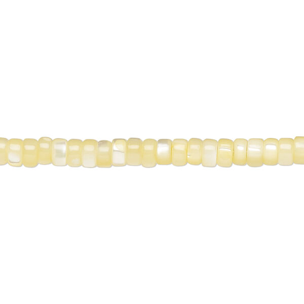 Bead, mother-of-pearl shell (dyed), yellow, 3x2mm heishi, Mohs hardness 3-1/2. Sold per 15-1/2 to 16-inch strand. image number 0