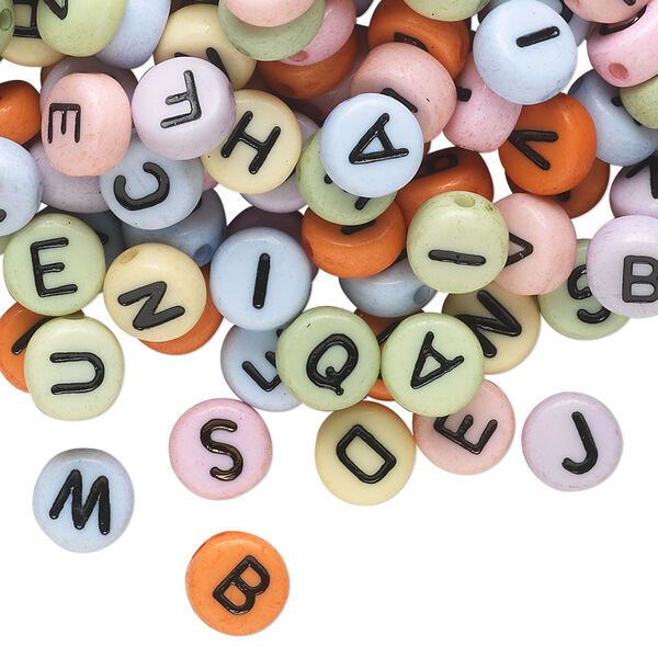 Bead mix, acrylic, opaque mixed colors, 7mm double-sided flat round with alphabet letters. Sold per pkg of 200. image number 0