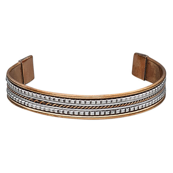 Bracelet, cuff, antiqued copper / brass / aluminum, 11mm wide with textured twisted wire, 8 inches. Sold individually. image number 0