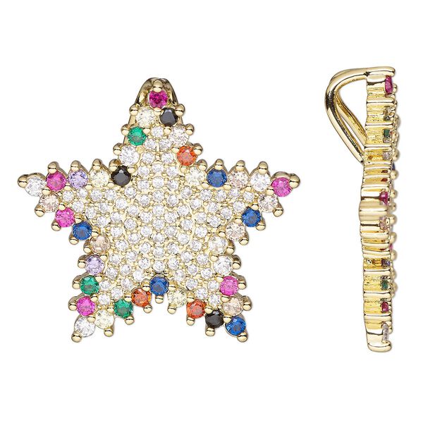 Pendant, cubic zirconia and gold-finished brass, multicolored, 25x23.5mm single-sided star with hidden bail. Sold individually. image number 0