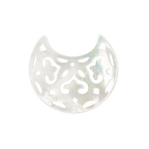 Component, mother-of-pearl shell (bleached), 26x23mm with cutout design, Mohs hardness 3-1/2. Sold individually.