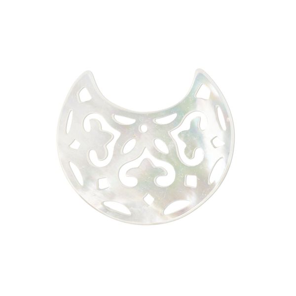 Component, mother-of-pearl shell (bleached), 26x23mm with cutout design, Mohs hardness 3-1/2. Sold individually. image number 0