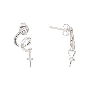 Earstud 1pkg2 sterling silver, 11x8mm squiggle / 3mm cup / 4.5mm peg / 4-8mm half-drilled round setting / earnuts, 1 pair