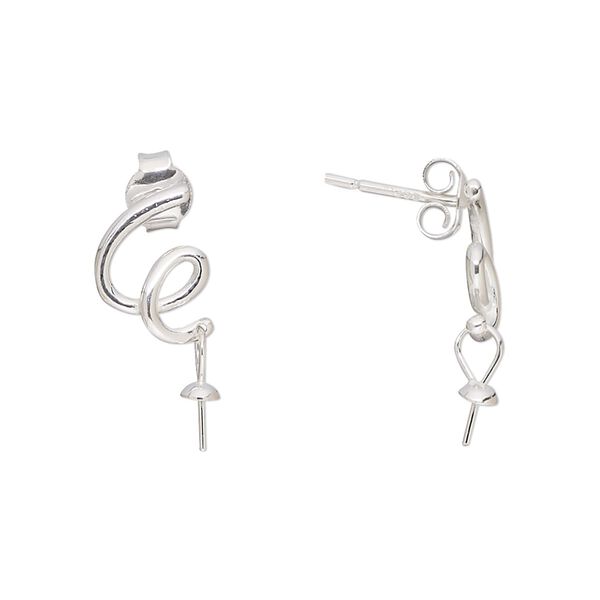 Earstud 1pkg2 sterling silver, 11x8mm squiggle / 3mm cup / 4.5mm peg / 4-8mm half-drilled round setting / earnuts, 1 pair image number 0