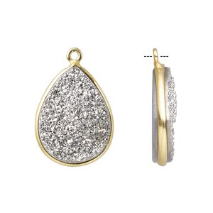 Druzy agate / sterling silver 1pkg1, electrocoated gold finished hand-cut flat teardrop drop 21x16mm-22x17mm