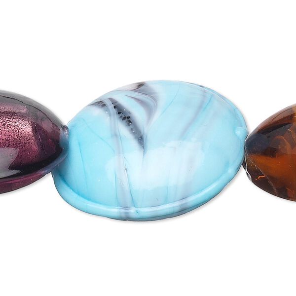Bead, pressed and lampworked glass, mixed colors, 26-30mm puffed flat round. Sold per 15" to 16" strand. image number 0
