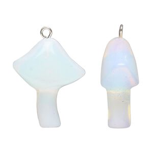 Drop, imitation rhodium-plated brass and sea "opal" (glass), 25x21.5mm hand-carved mushroom. Sold individually.