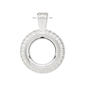 Pendant, silver-plated "pewter" (zinc-based alloy), 31x22.5mm round with rope design and 16mm round setting. Sold per pkg of 4.