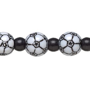 Bead, acrylic, black and white, 7x5.5mm crow and 11mm soccer ball. Sold per 8-inch strand.