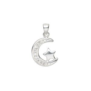 Pendant, cubic zirconia and sterling silver, clear, 14x12mm single-sided moon with star. Sold individually.