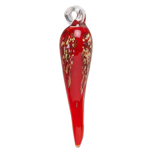 Pendant, lampworked glass, translucent multicolored with copper-colored foil, 58x15mm chili pepper. Sold individually. image number 0