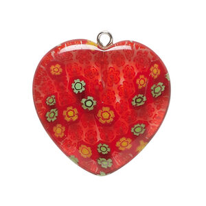 Focal, millefiori glass and silver-finished steel 1pkg1, translucent red / yellow / green, 29-31mm puffed heart.