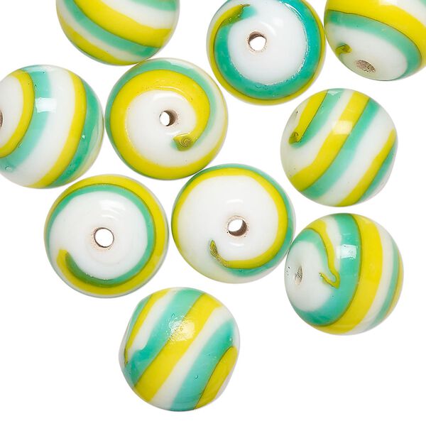 Bead, lampworked glass, opaque yellow / sky blue / white, 12mm round. Sold per pkg of 10. image number 0