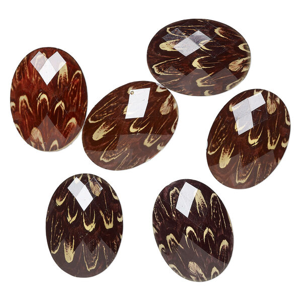 Cabochon, plastic, dark brown and yellow, 40x29mm-40x30mm non-calibrated faceted oval with feather pattern. Sold per pkg of 6. image number 0