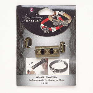 Bead assortment, slider 1pkg3, antique brass-finished "pewter" (zinc alloy), 13x5mm beaded oval rondelle and 28x13mm slotted rectangle.