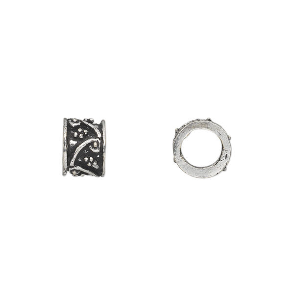 Bead, antique silver-plated white brass, 9x7mm fancy tube with dot and swirl accents, 5mm hole. Sold per pkg of 4. image number 0
