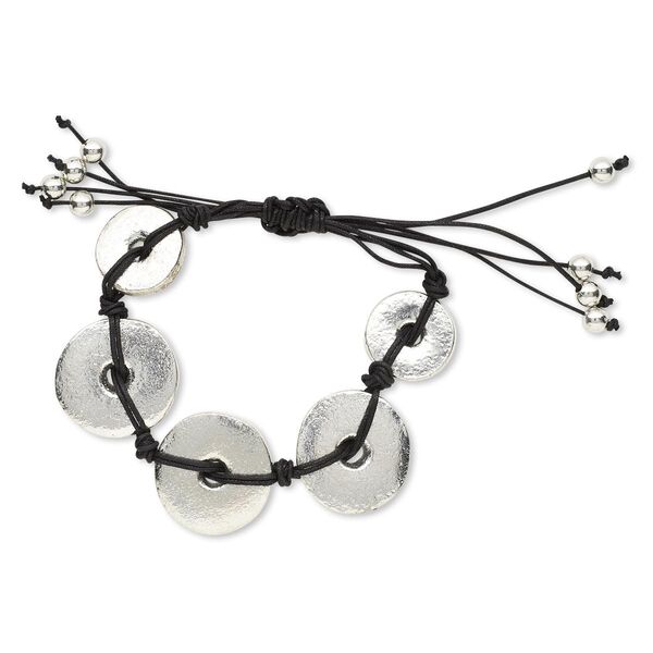 Bracelet, waxed cotton cord / silver-finished aluminum / silver-coated plastic, black, 20-27mm donut, adjustable from 7-11 inches with macramé knot closure. Sold individually. image number 0