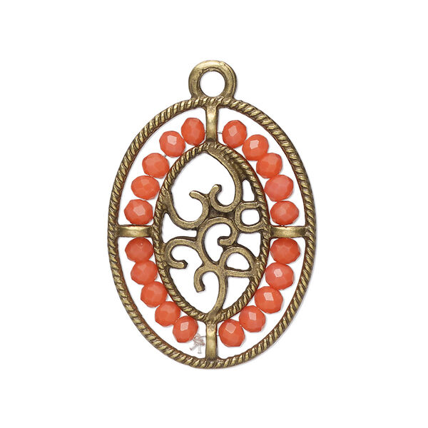 Drop, antique brass-finished "pewter" (zinc-based alloy), salmon pink, 28x21.5mm oval with hearts and beaded border. Sold per pkg of 2. image number 0