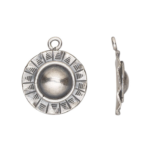 Drop, Hill Tribes, antiqued sterling silver, 19mm single-sided wavy round with sun design. Sold individually. image number 0