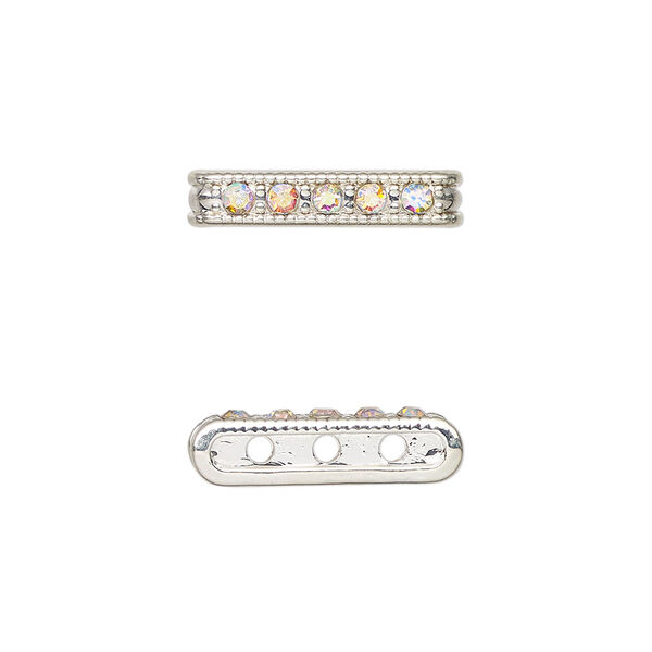 Spacer bar, silver-finished "pewter" (zinc-based alloy) and glass, clear AB, 18.5x4mm, 3-strand with crystals on one side, fits up to 6mm beads. Sold per pkg of 6. image number 0