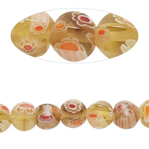 Bead, millefiori glass, translucent dark yellow and multicolored, 8x7-9x8mm hexagon rondelle with varying designs. Sold per 16-inch strand. image number 0