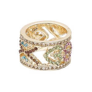 Ring, Egyptian glass rhinestone and gold-finished "pewter" (zinc-based alloy), multicolored, 15mm wide with heart design, size 9. Sold individually.