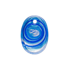 Drop, lampworked glass 1pkg1, translucent aqua and blue with silver-colored foil, 25x18mm top-drilled flat oval.