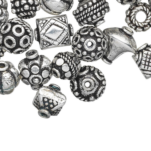 Bead and bead cap, antique silver-plated copper, 8x5mm-15x10mm assorted shape. Sold per pkg of 100. image number 0