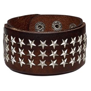 Bracelet, leather (dyed) with silver-plated steel and "pewter" (zinc-based alloy), brown, 41mm wide with star studs, adjustable from 5-7 inches with double snap closure. Sold individually.