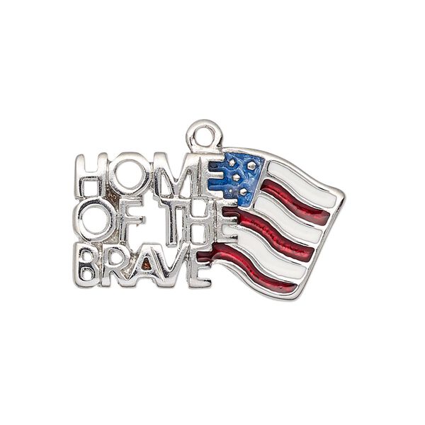 Charm, enamel and silver-finished "pewter" (zinc-based alloy), red / white / blue, 28x15mm single-sided American flag with "HOME OF THE BRAVE." Sold individually. image number 0