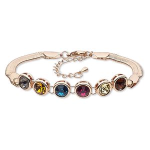 Bracelet, glass with rose gold-finished brass and steel, multicolored, 10mm round, 7-1/2 inches with 2-1-4 inch extender chain and lobster claw clasp. Sold individually.