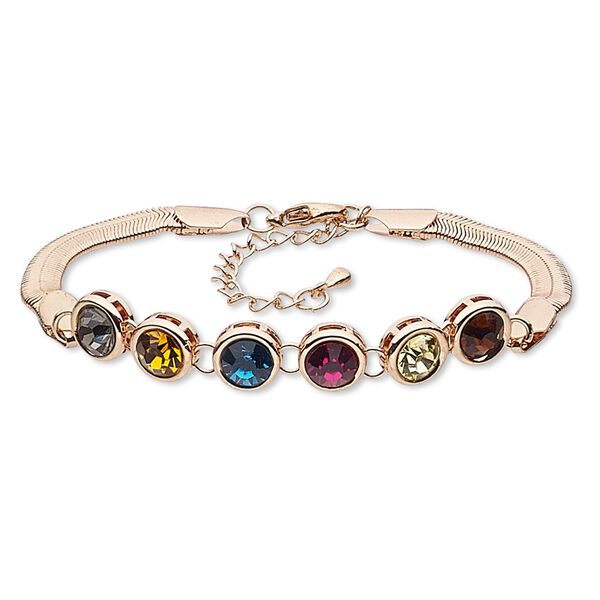 Bracelet, glass with rose gold-finished brass and steel, multicolored, 10mm round, 7-1/2 inches with 2-1-4 inch extender chain and lobster claw clasp. Sold individually. image number 0