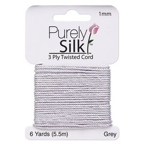 Cord, Purely Silk™, 3-ply, grey, 1mm twisted. Sold per 6-yard card.